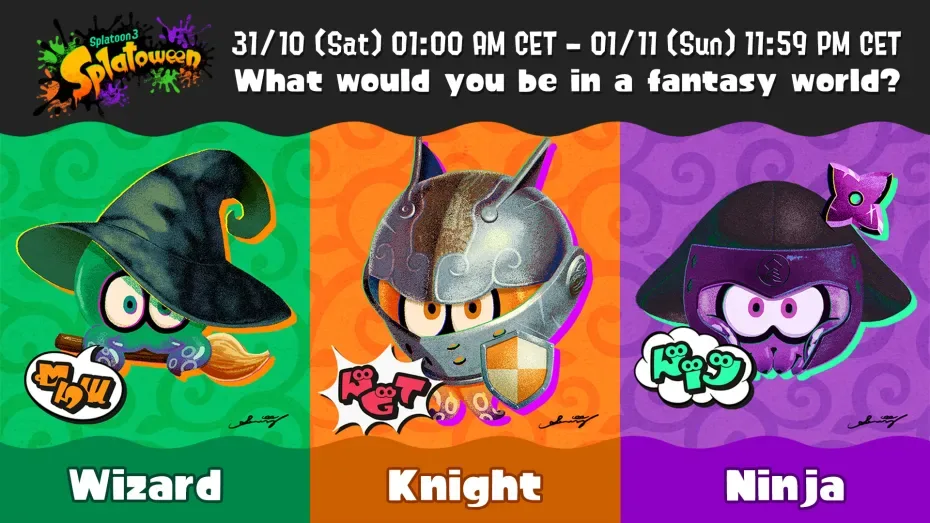 تصویر هنری رویداد Splatoween در Splatoon 3 با حضور Wizard، Knight و Ninja